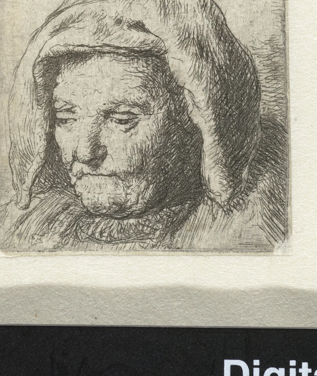 The artist's mother in a cloth headdress, looking down: head only by anonymous, print, 1633