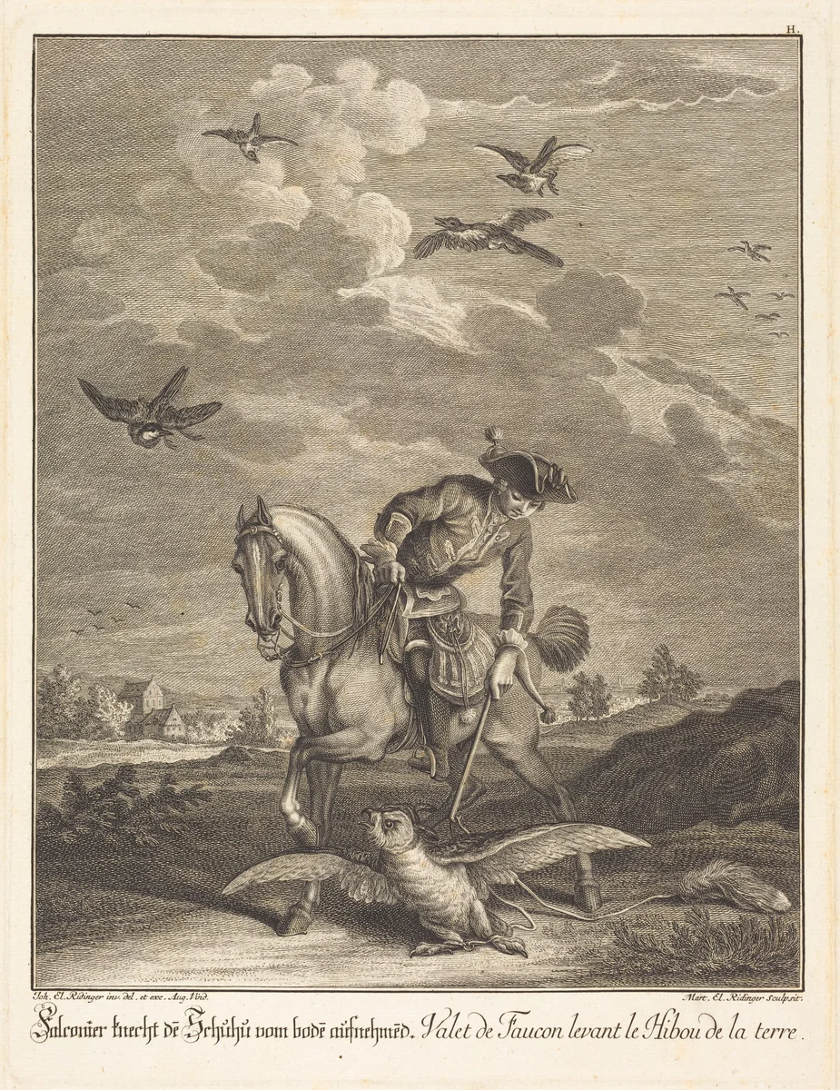 Falconeer Lifting an Owl from the Ground by Johann Elias Ridinger, print, 1698-1767