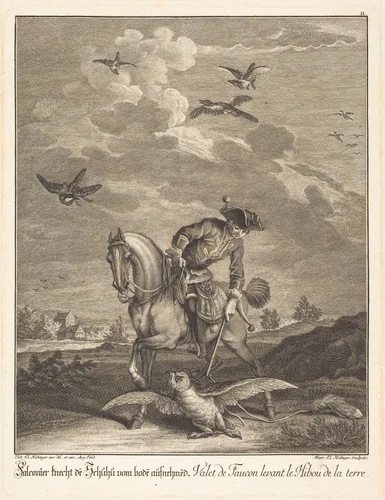 Falconeer Lifting an Owl from the Ground by Johann Elias Ridinger, print, 1698-1767
