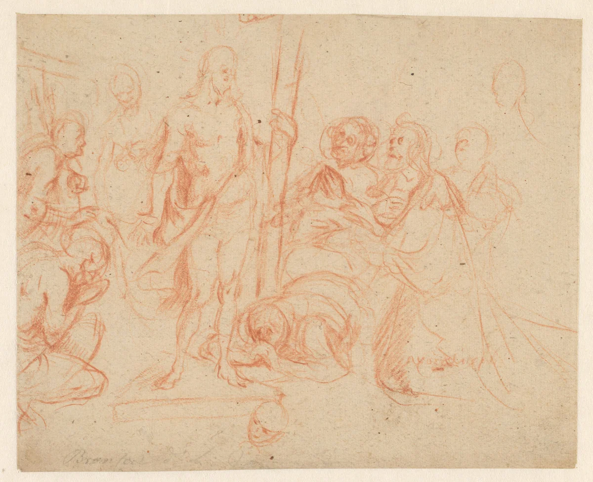 Christus met het kruis, omringd door knielende figuren by Jan Gerritsz. van Bronckhorst, drawing, 1613-1677