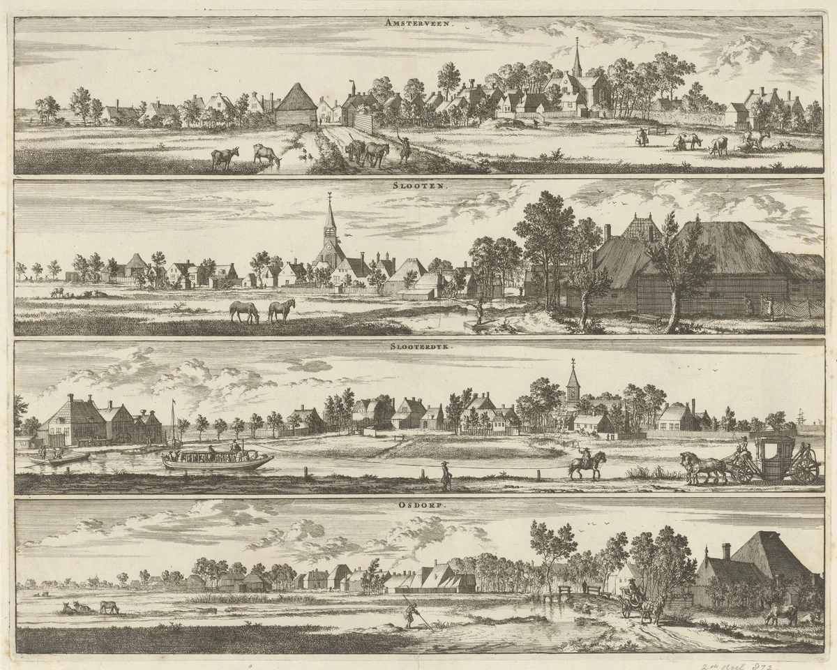 Gezicht op Amstelveen, Sloten, Sloterdijk en Osdorp by Jan Luyken, print, 1693-1726