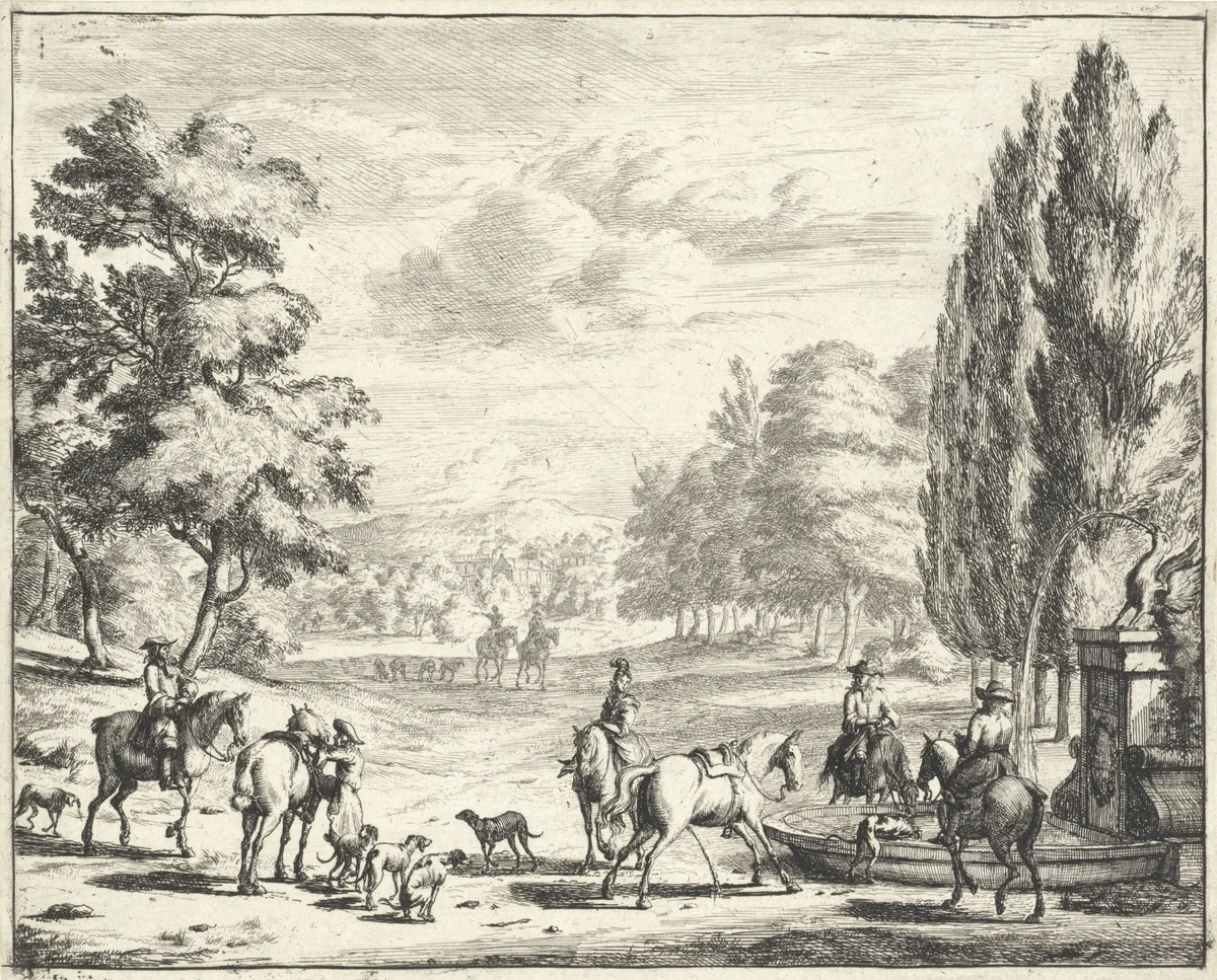 Jachtpartij rustend bij een fontein by Jan Vincentsz. van der Vinne, print, 1688-1721