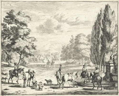 Jachtpartij rustend bij een fontein by Jan Vincentsz. van der Vinne, print, 1688-1721