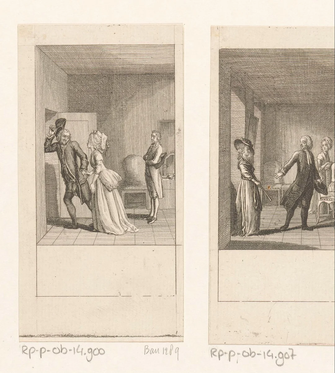 Camille wijst haar oom de deur om zo Sir Robert in de waan te laten dat ze van goede huizen komt by Daniel Nikolaus Chodowiecki, print, 1787