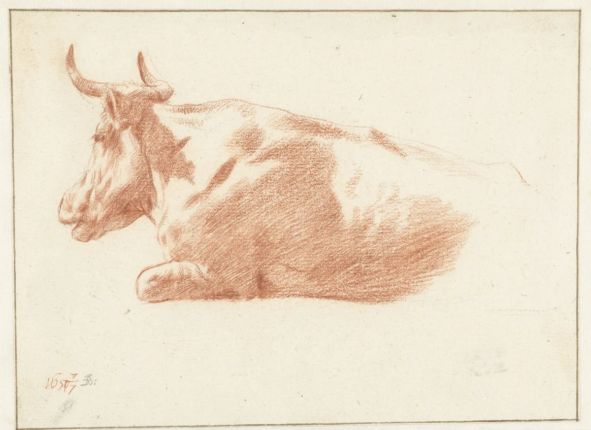 Liggende koe by Jan de Bray, drawing, 1651