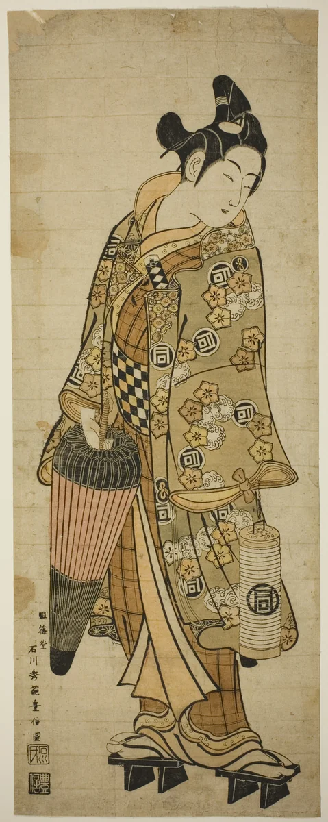 The Actor Sanogawa Ichimatsu I as a young man holding an umbrella and a lantern by Ishikawa Toyonobu, print, 1743-1753