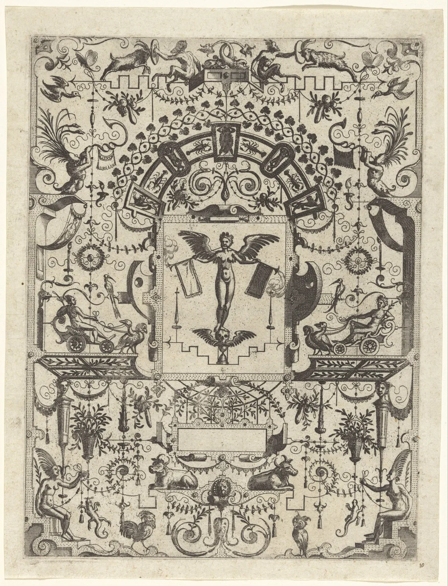 Cartouche met Fama die blaast op twee bazuinen by Johannes of Lucas van Doetechum, print, 1565-1571