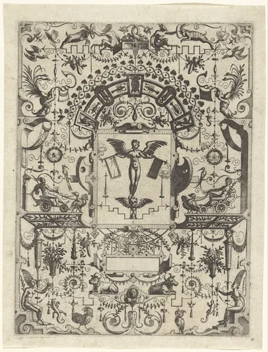 Cartouche met Fama die blaast op twee bazuinen by Johannes of Lucas van Doetechum, print, 1565-1571