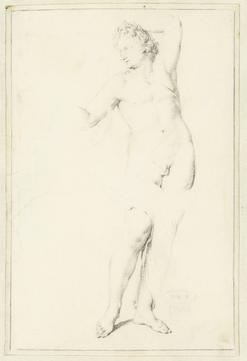 Staande Apollo, de linkerarm omhoog by Willem van Mieris, drawing, 1672-1747