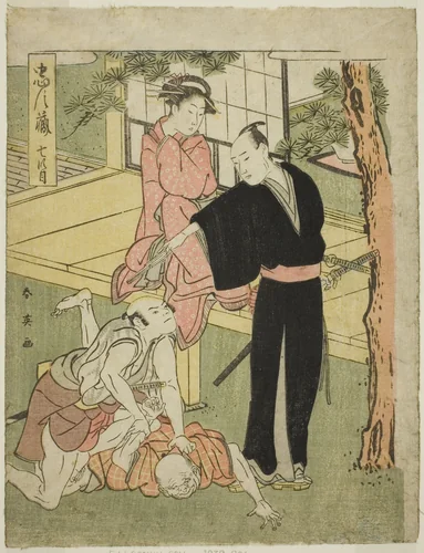 Act Seven: The Ichiriki Teahouse from the Play Chushingura (Treasury of the Forty-seven Loyal Retainers) by Katsukawa Shun'ei (勝川春英), print, 1790-1800
