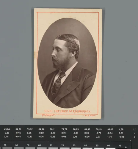 Portret van Alfred van Saksen-Coburg en Gotha met reclame voor kleding van E. Moses & Son, Londen by anonymous, photograph, 1860-1900