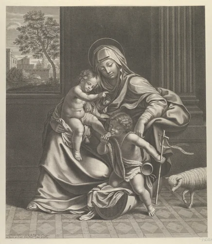 The Virgin seated with the infant Christ on her lap, the young Saint John the Baptist kneeling on Christ's cradle and caressing his foot, a lamb at right, after Reni by Guillaume Vallet, print, 1645-1704