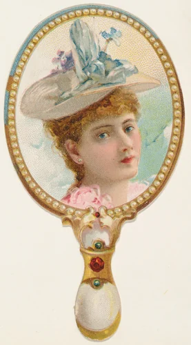 Hand mirror with woman in blue floral hat, from the Novelties series (N122) issued by Gail & Ax Tobacco to promote Navy Long Cut by Gail & Ax Tobacco, print, 1889