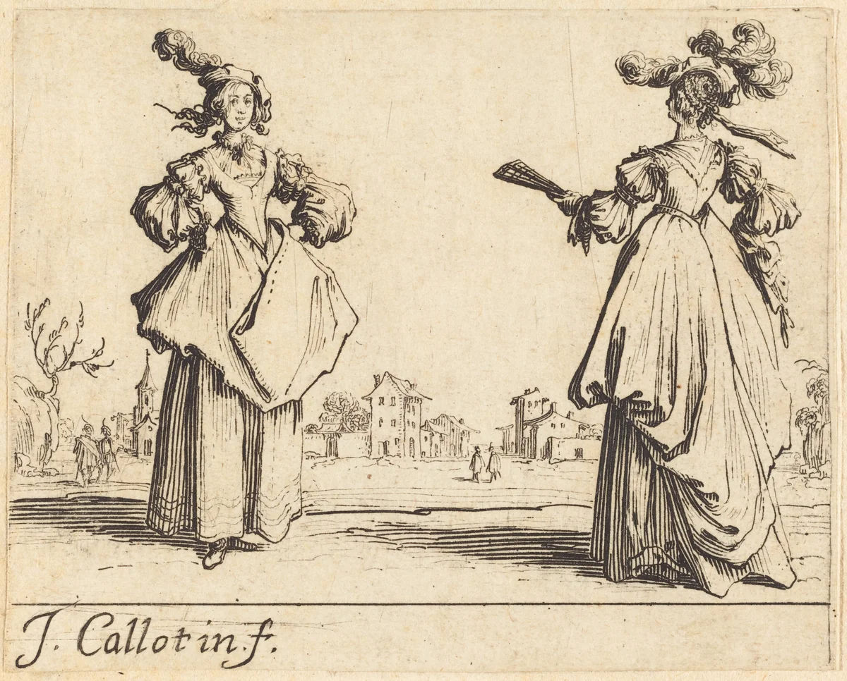 Two Society Women by Jacques Callot, print, 1623
