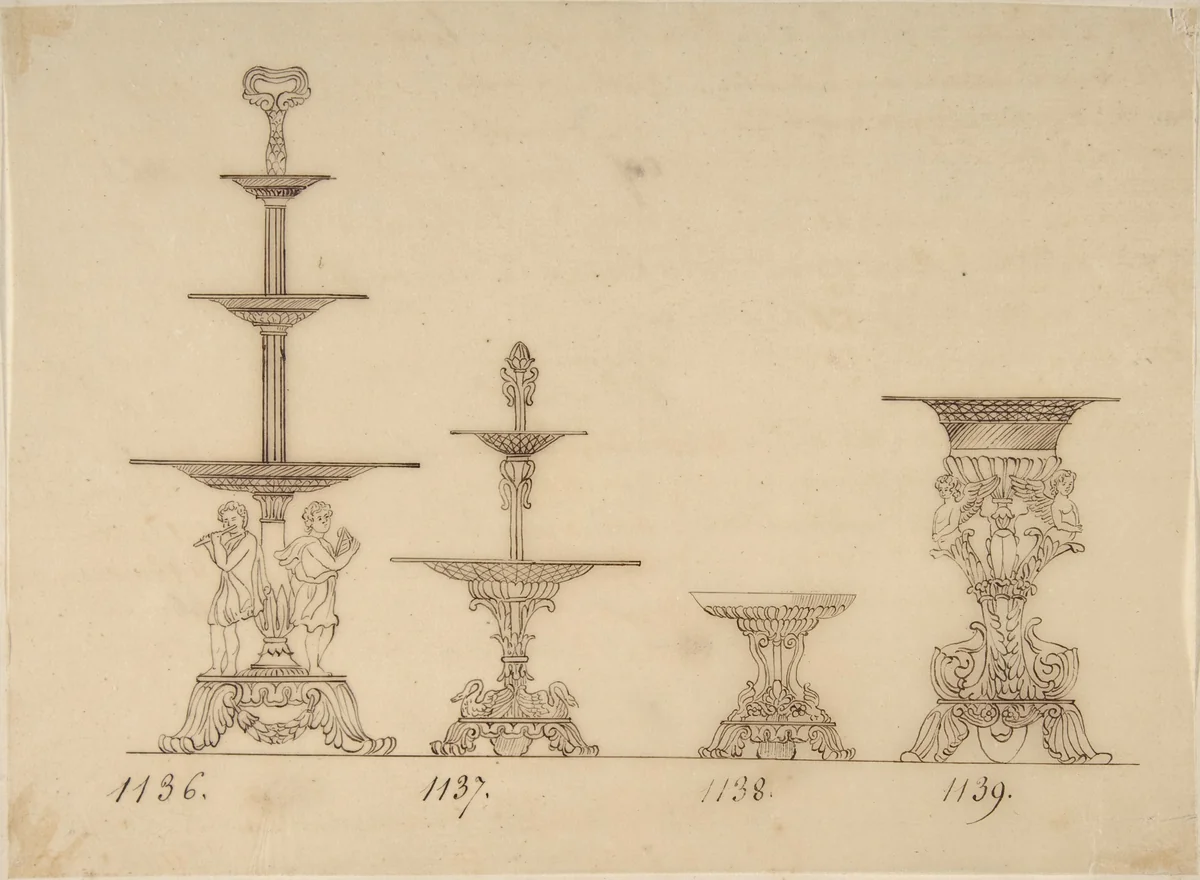Designs for Serving Trays, a Dish and an Urn by anonymous, drawing, 1800-1899