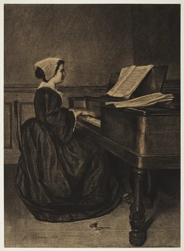 Woman at the Spinet by François Bonvin, drawing, 1860