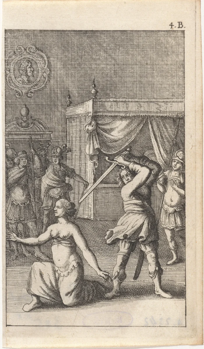 Vrouw wordt onthoofd in een slaapkamer by Abraham Dircksz. Santvoort, print, 1667