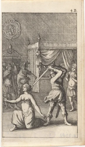 Vrouw wordt onthoofd in een slaapkamer by Abraham Dircksz. Santvoort, print, 1667