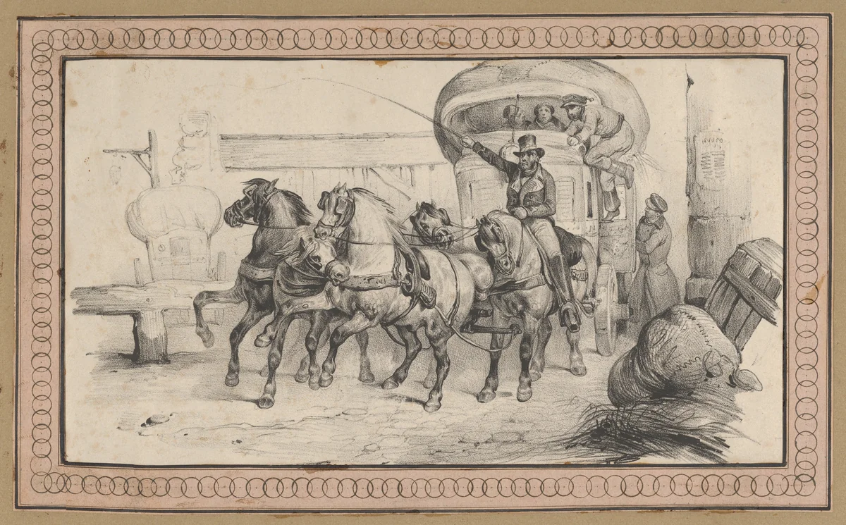 Five horses pulling a carriage with passengers by Victor Adam, print, 1820-1866