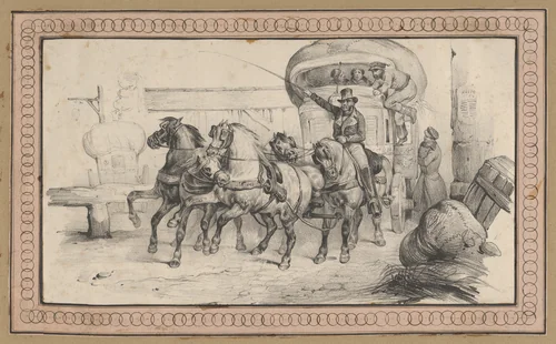 Five horses pulling a carriage with passengers by Victor Adam, print, 1820-1866