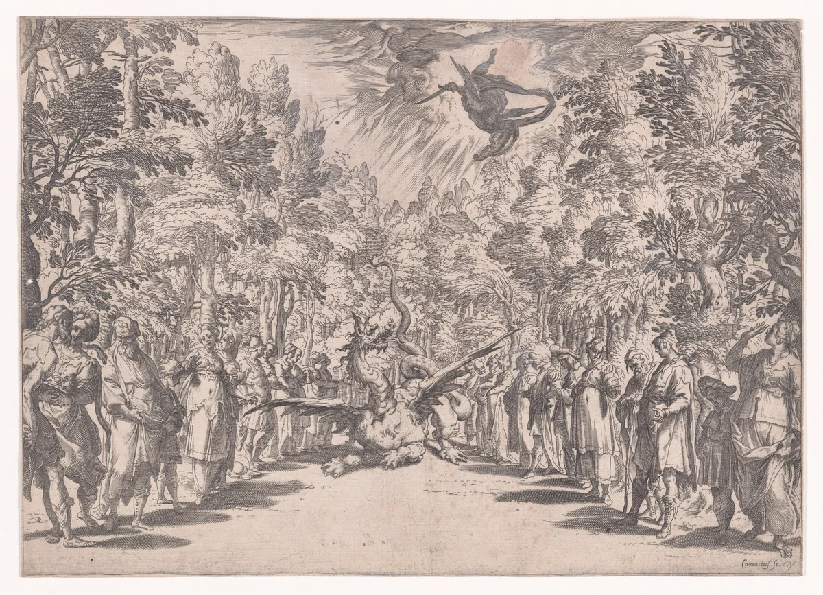 Stage set for the marriage of Ferdinand de' Medici and Christine of Lorraine in Florence in 1589; Apollo and the Python by Agostino Carracci, print, 1589-1592