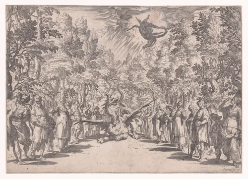 Stage set for the marriage of Ferdinand de' Medici and Christine of Lorraine in Florence in 1589; Apollo and the Python by Agostino Carracci, print, 1589-1592