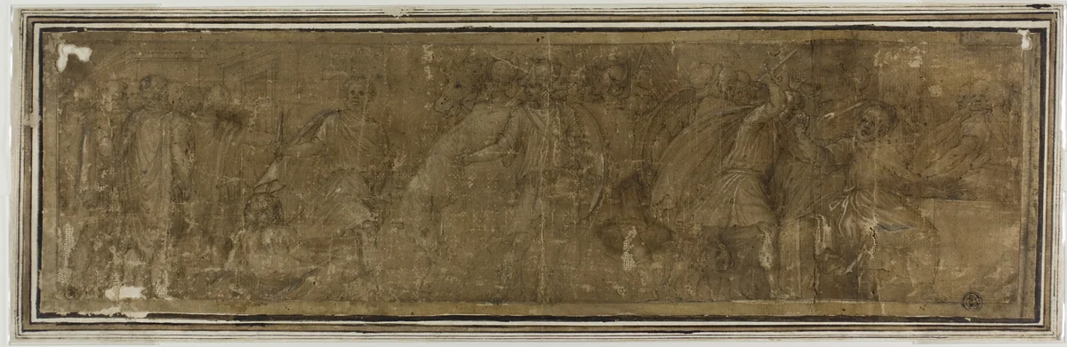 Mucius Scaevola Crossing the Tiber, Intending to Assassinate Porsenna but Killing his Treasurer by Mistake by Polidoro Caldara, drawing, 1580-1599