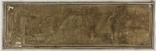 Mucius Scaevola Crossing the Tiber, Intending to Assassinate Porsenna but Killing his Treasurer by Mistake by Polidoro Caldara, drawing, 1580-1599