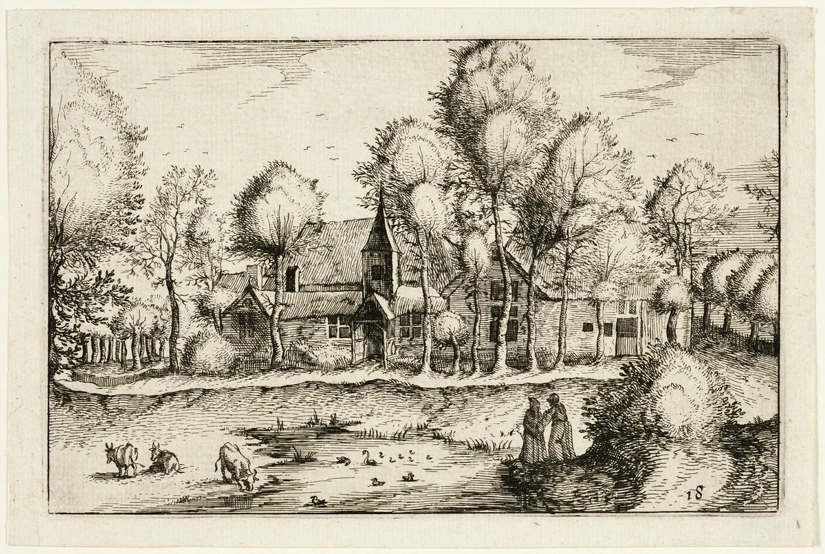 A Pond, plate eighteen after Pictures of Farms, Country Houses and Rustic Villages (Praediorum villarum et rusticarum casularum icones) by Claes Jansz Visscher, print, 1612