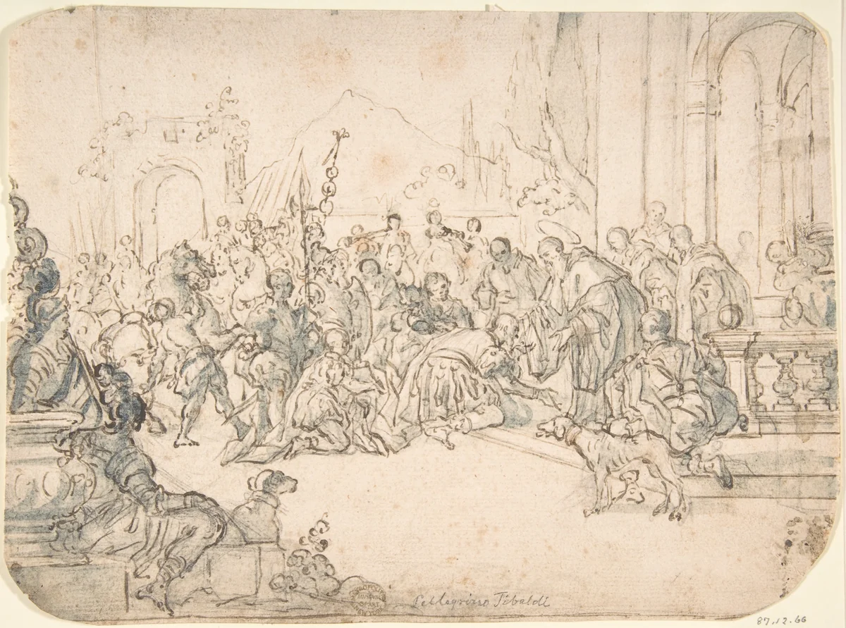Saint Benedict Receiving a Warrior (recto); Sketch of Crowded Narrative Scene (verso) by anonymous, drawing, 1600-1700