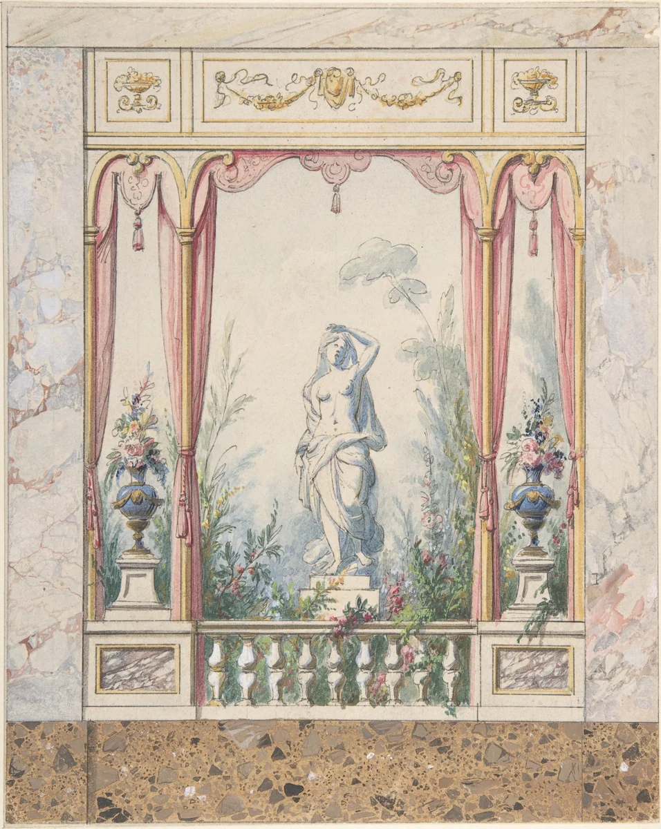 Design for an Interior with a Window into a Garden by anonymous, drawing, 1800-1850
