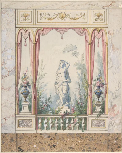 Design for an Interior with a Window into a Garden by anonymous, drawing, 1800-1850