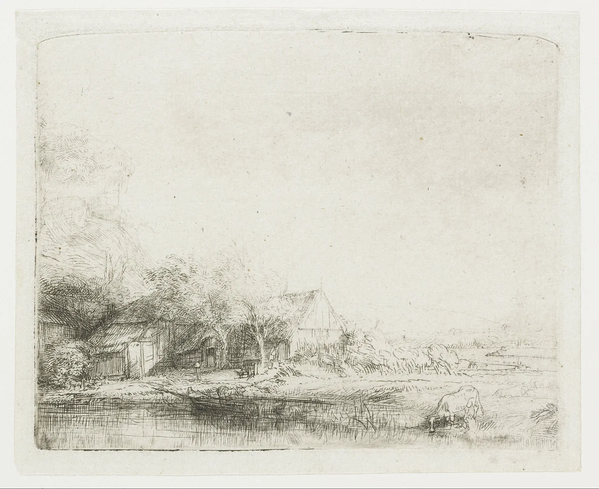 Landscape with a cow drinking by Rembrandt van Rijn, print, 1650