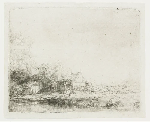 Landscape with a cow drinking by Rembrandt van Rijn, print, 1650