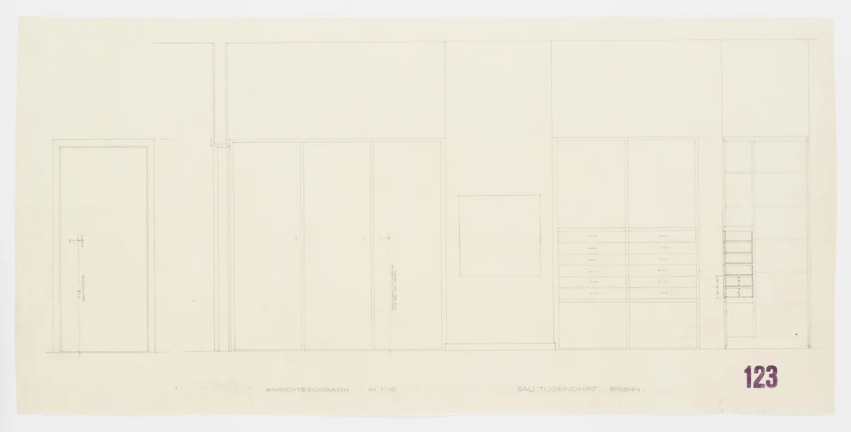 Tugendhat House, Brno, Czech Republic, Cupboard. Elevation, vertical section. by Ludwig Mies van der Rohe, mies van der rohe archive, 1928