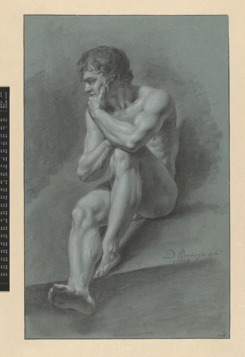 Zittend mannelijk naakt met linkerhand onder de kin, naar links by Dirk Versteegh, drawing, 1788