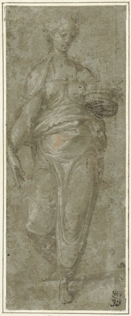 Staande vrouwelijke heilige, met stralenkrans by anonymous, drawing, 1500-1599