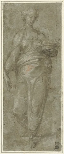 Staande vrouwelijke heilige, met stralenkrans by anonymous, drawing, 1500-1599