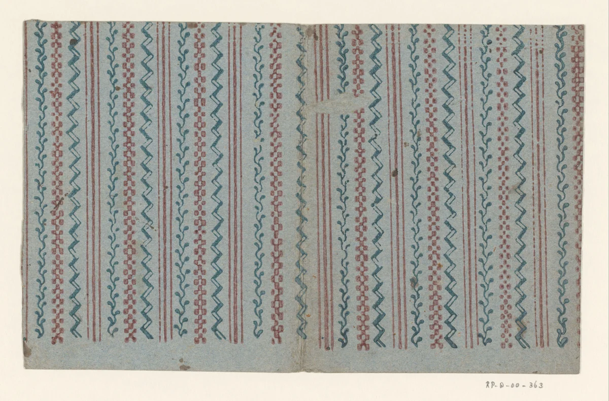 Blad met banenpatroon van drie lijnen en baan met rank, blokjesmotief en zigzagmotief by anonymous, other, 1700-1850