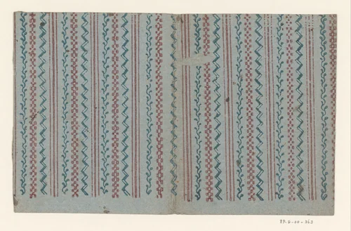Blad met banenpatroon van drie lijnen en baan met rank, blokjesmotief en zigzagmotief by anonymous, other, 1700-1850