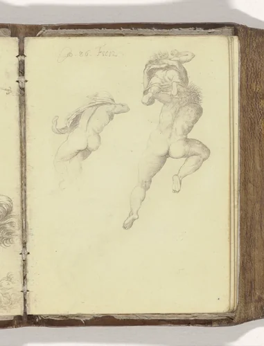Drie figuren uit Michelangelo's Laatste Oordeel by anonymous, drawing, 1586