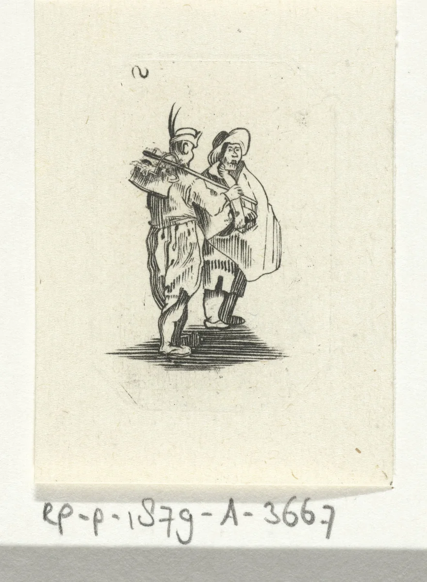 Twee figuren met hoed by Jan Latour, print, 1600-1699