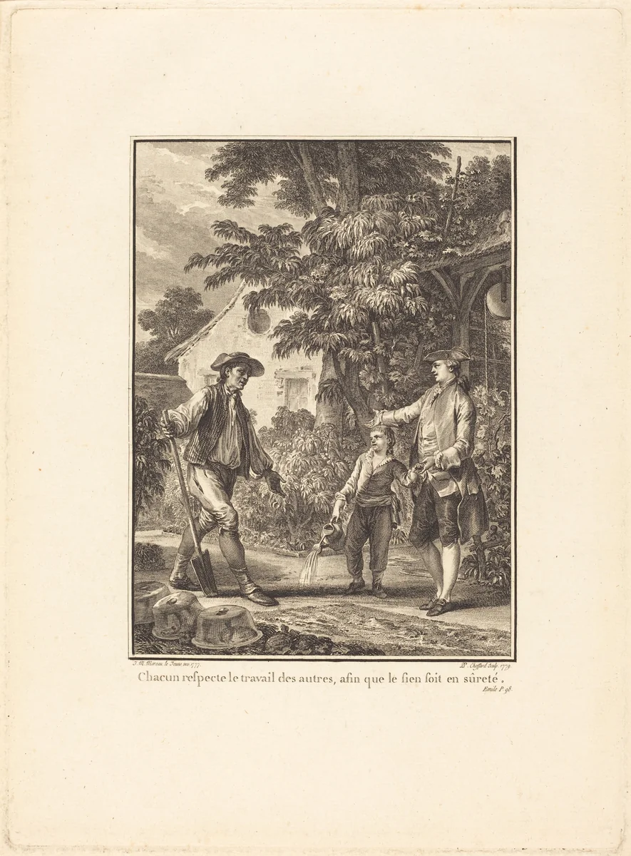 Chacun respecte le travail des autres, afin que le sein soit en sûreté by Pierre-Philippe Choffard; Jean-Michel Moreau the Younger, print, 1777-1779