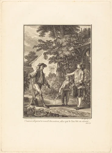 Chacun respecte le travail des autres, afin que le sein soit en sûreté by Pierre-Philippe Choffard; Jean-Michel Moreau the Younger, print, 1777-1779