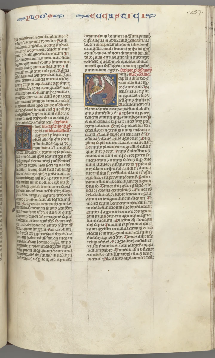 Fol. 257r, Ecclesiasticus, historiated initial O, Sirach seated with a scroll, bust of God above by Unknown, book, 1270-1300