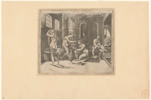Badende Psyche by Agostino Veneziano, print, 1500-1536