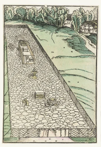 Hof met het tabernakel, brandofferaltaar en wasvat by Lucas Cranach, print, 1523-1526