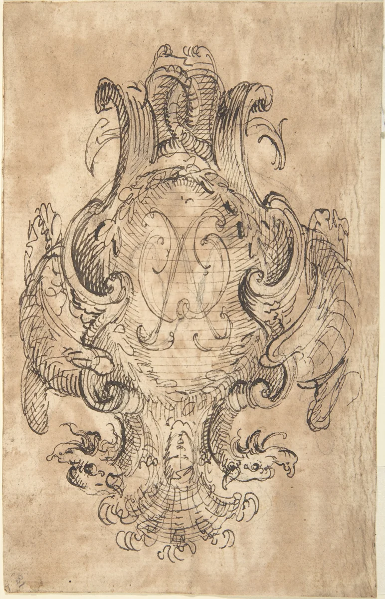 Design for a Coat of Arms with Two Dragons and Initials [?] in center (recto); Three Constructed Circles with Inscriptions (verso) by anonymous, drawing, 1700-1780
