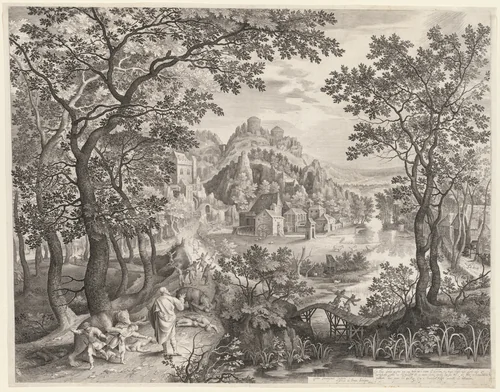 Elisha Cursing the Children of Bethel Who Are Being Devoured by the Bears by Gillis van Coninxloo, print, 1602