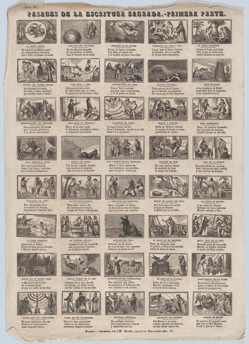 Broadside with 48 scenes illustrating passages of holy scripture (Part I) by José María Marés, print, 1855-1875
